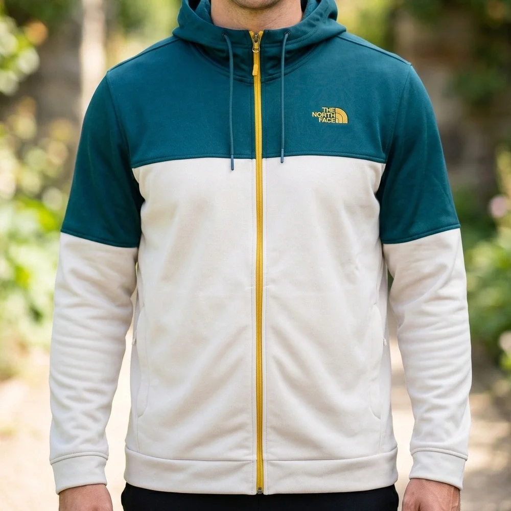 The North Face Mens Full Zip Hoodie Green Cream Colorblock Track Jacket XXL